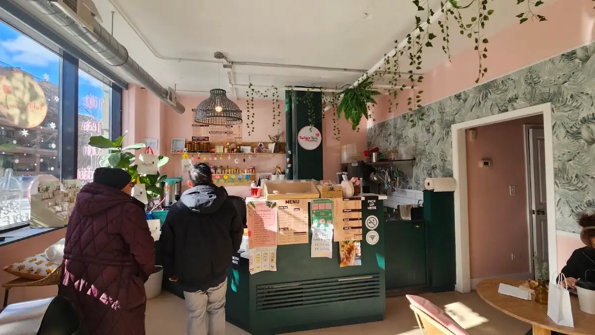 The counter and merch shelf